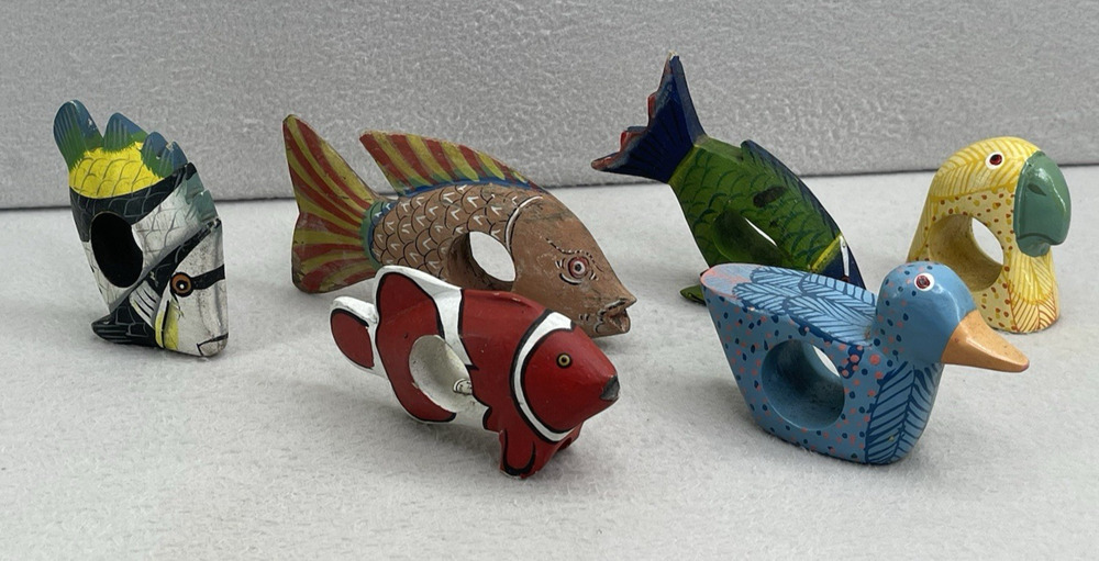 Hand Carved Wood Napkin Rings Set Fish Bird Folk Art Boho Table Decor